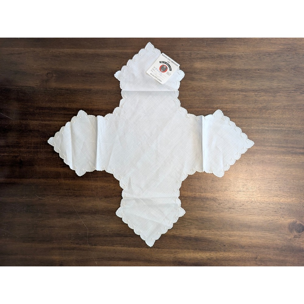 Benj. M. Jabara & Sons Madeira Hand Embroidered White Linen Doily Vintage Tea